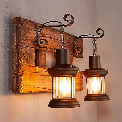 MRBVAOXVD Lámparas de Pared, Hertl Industrial Casa de Campo de Pared Luminaria de Iluminación de Base de Madera Interior Rústica Luz de la Lámpara de Pared con 2 Luces de Linterna para Bar Restaurante