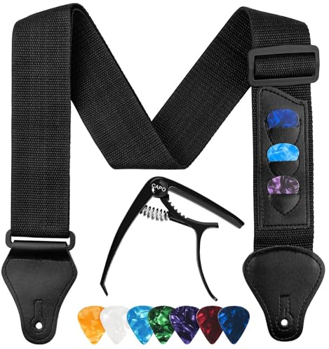 BITEFU 12 accessori per chitarra, include 1 tracolla regolabile per chitarra, 1 per chitarra acustica 6 corde e 12 corde capotasto, 6 plettri colore casuale