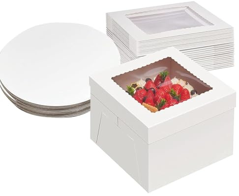 Set di 12 Scatola Torta, 25 x 25 x 20cm Scatole per Torta con Finestra, Scatola Torte in Cartone Bianca per Tortes Dessert, Contenitori per Torte con Vassoi, Scatole Trasportare per Dolci in Cartone