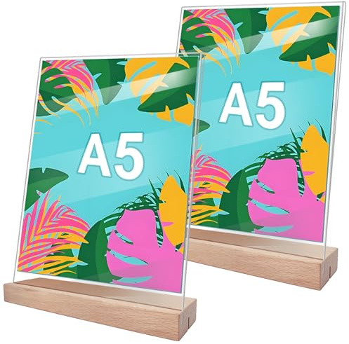 2 Stück Transparent tischaufsteller a5 mit Holzsockel aufsteller a5 t-ständer aufsteller doppelseitiger für Büros, Restaurants, Geschäfte, Hotels, Theken