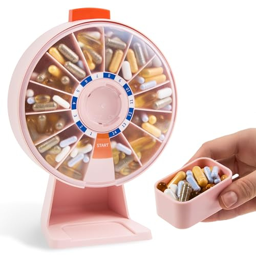Pill Dispenser 14 Day – Rotating Medicine Organizer Wheel with Push Button, Wall Mounted or Desktop Manual Pill Dispenser for Elderly & Seniors, Large Capacity Vitamin & Medication Organizer