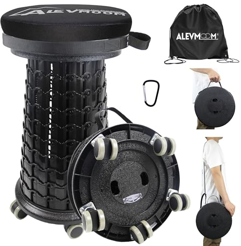 ALEVMOOM Upgrade XXL Collapsilbe Stool with Cushion & Rolling Wheels, H 20.4/57cm, D 13/33cm Heavy Duty Load Capacity 1000lbs, Portable Retractable Telescoping Folding Stool for Camping Black XXL