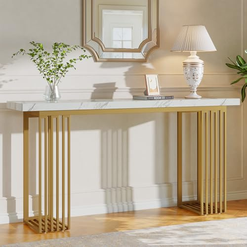 Tribesigns 160 cm konsolbord för vardagsrummet, industriellt hallbord med elegant metallram, soffbord för hall, entré, foajé, vitt och guldfärgat