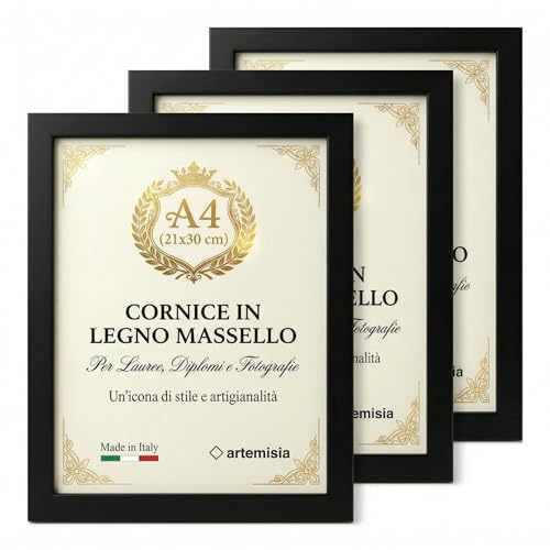 Set 3 Cornici A4 21x30 in Legno Massello, Cornici da Parete e Tavolo per Laurea Diplomi e Foto, Cornice A4 Legno con Vetro Acrilico, Cavalletto e Gancio, Made in Italy