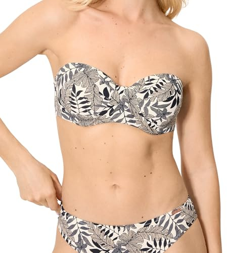 YSABEL MORA. Top Bikini Bandeau Hojas Micropiqué Negro Copa B. Top De Bikini Bandeau con Aro Y Relleno. Tirantes Desmontables Anudados Al Cuello Colección Vanila.