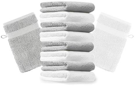 Betz 10 Stück Waschhandschuhe Premium 100% Baumwolle Waschlappen Set 16x21 cm Farbe Silbergrau und weiß