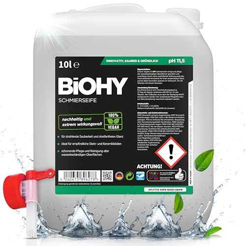 BiOHY Schmierseife (10 Liter Kanister) + Auslaufhahn | Konzentrat für Bodenreinigung – Wischpflege für Holz, Parkett & Fliesen | Rückfettend, extra stark & ergiebig | Flüssiger Bio-Fußbodenreiniger