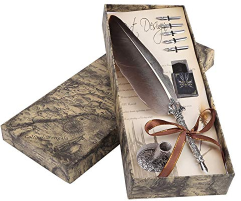 Feather Pen, engelsk kalligrafi Feather Dip Quill Pen Bläckset Skrivpapperspresentförpackning med 5 spetsar för brevpapperspresent(Black)