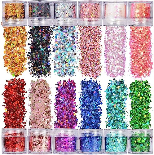 Veroa 12 Colors Make Face Body and Hair Glitter at The Festival,Chunky Glitter for Festivals, Parties, Raves,Brightly Coloured Festive Accessories(10g*12PCS)