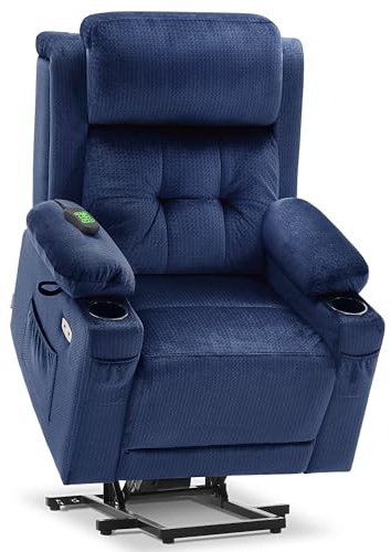 MCombo Triple Motor Power Lift Recliner with Massage and Heat, Electric Recliner Chair for Elderly People, Adjustable Headrest, Infinite Position, Cup Holders,USB Ports, Fabric 7661(Navy Blue, Medium)