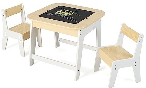 COSTWAY Set Tavolo e 2 Sedie per Bambini, con Lavagna Reversibile, Tavolo Multiattività con Vano Portaoggetti Nascosto e Sedie, per Bambini da 3-6 Anni, per Cameretta e Soggiorno (Naturale)