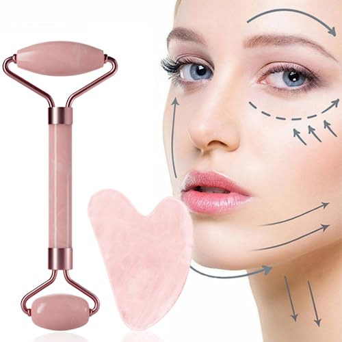 YYwenting Jade Roller and Gua Sha Set Rose Quartz Jade Massager Roller Facial Beauty Roller Skin Care Tools for Face Eyes Neck, Body Muscle Relaxing