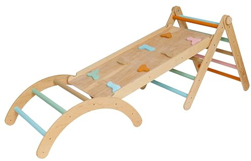 LATRANS Juego de 3 triángulos de escalada con tobogán y arco de escalada, marco de escalada para interiores para niños a partir de 1 año, juguete de escalada inspirado en pikler (pastel)