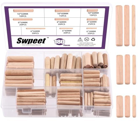 Swpeet 200 pièces 6mm 8mm 10mm Goupilles en bois, goupilles coniques à extrémité oblique, piquets en bois, processus de goupilles rainurées pour produits en de meubles, idéal pour insérer