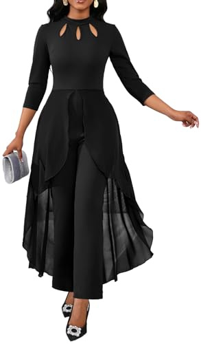 VisiChenup Sexy Jumpsuit for Women Eyehole Mock Neck Long Sleeve Chiffon Overlay Patchwork Solid Color Flowy Skinny Long Pants Clubwear with Zipper