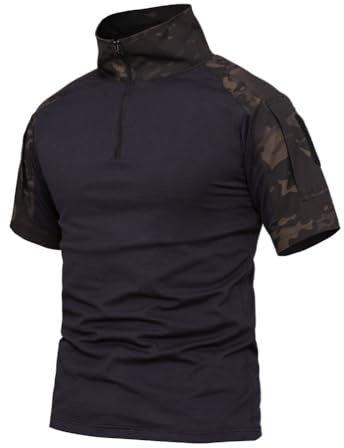 Oanviso T-Shirt pour Homme Chemise en Plein Air Combat Tee Shirt Camouflage Top Tactique Hauts Zipper Vert Tactique Militaire Été Chemise Travail et Loisir Oversized