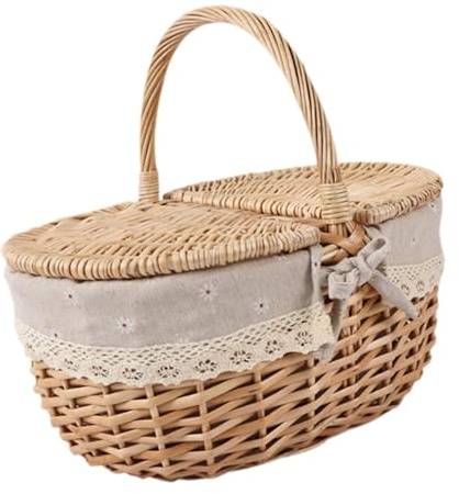 Colcolo Cestino da Picnic in Vimini, Cestino in Vimini Intrecciato con Coperchio e Manico Pratico Cesto portaoggetti in Vimini per Parco all'aperto, Pane da, Grigio Beige, Piccolo