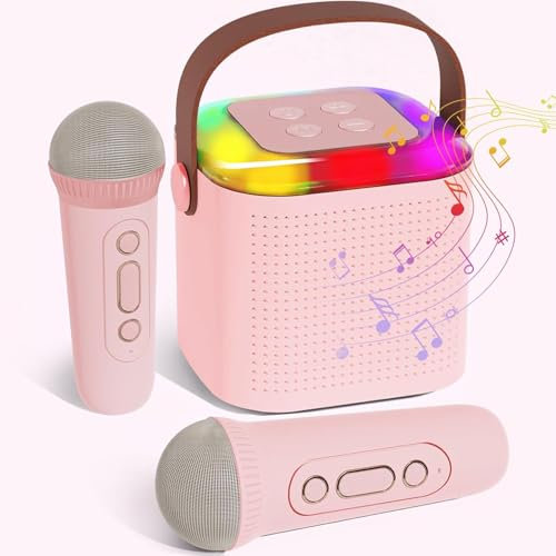 ANSTEN Karaoke Maschine Kinder Bluetooth 5.0, Karaoke Mikrofon für Heimgebrauch, Karaoke Maschine mit 6 Soundeffekte und 5 LED-Licht, Mikrofon Kinder, Karaoke Kinder mit 2 Mikrofon-Pink