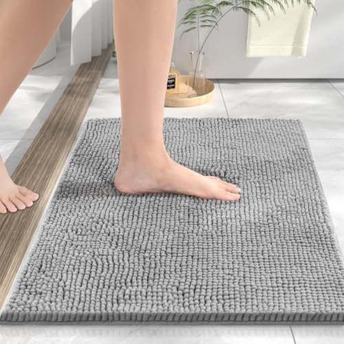 HITSLAM Chenille Bath Mat Non Slip Anti Mould, 60x40cm Ultra Soft Bathroom Mat, Super Absorbent Bath Mats for Bathroom, Machine-Washable Quick Dry Bath Foot Mat, Bath Rug for Shower and Tub, Grey