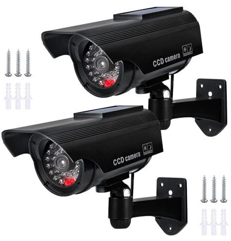 2 Pièces Caméra Factice Solaire, Caméras de Surveillance avec Panneau Solaire, avec LED Rouge Clignotante, Montage Mural, Caméra Fausse pour Une Intérieure et Extérieure