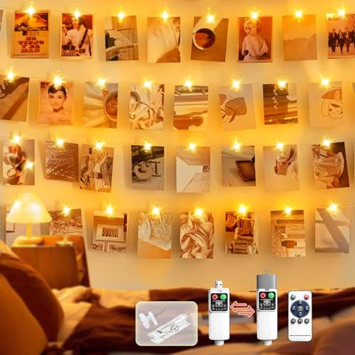 YIFMOO 3 m, 30 LED fotoklämmor, ljuskedjor, fotoljusslingor, uppladdningsbara batteridrivna med 30 klämmor, 8 lägen, bilder, hängande ljuskedja med timer, ljuskedja för inomhus, jul