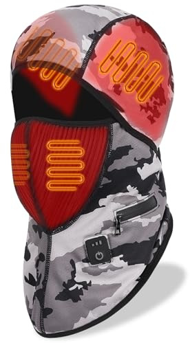 Heated Electric Balaclava with Battery for Women Men, Ski Mask with Timer, Heated Face Mask Hat for Winter Motorcycle HikingRiding Fishing Camouflage