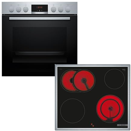 Bosch Einbauherd-Set HND411LS67, Serie 4 Einbau-Herd 60 cm mit 3D-Heißluft und Backwagen HEB513BS3, Serie 4 Elektro-Kochfeld 60 cm mit Rahmen, Herdgesteuert, Made in Germany, NKN645GA2E, Edelstahl