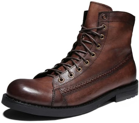 ENWIND Bottes de Moto en Cuir pour Hommes à Lacets, Bottes de Combat, Talon Bas Bottines la Cheville,Marron,48 EU