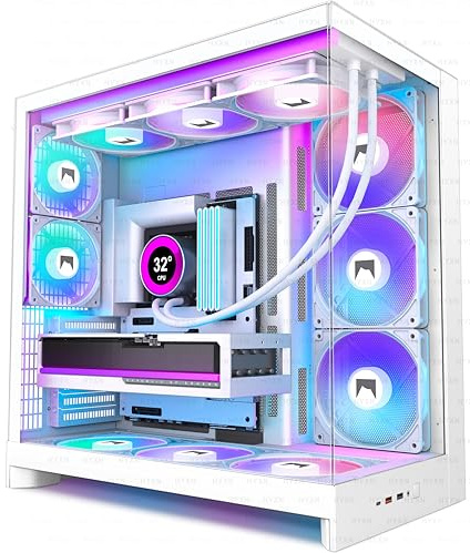 HYXN H2(2026) HYXN ATX PC Case – Pre-installed 8 PWM ARGB Fans (6X140mm and 2X120mm), Large Dual-Chamber ATX Mid-Tower Airflow Gaming PC Case, 420mm Radiator Support, With Type-C (White, H2)