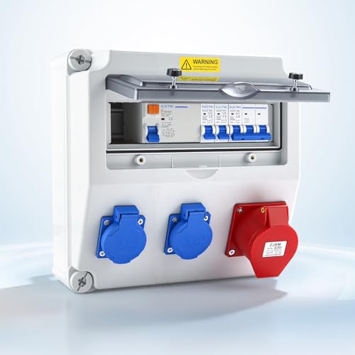 Scatola di Distribuzione a Parete con interruttore automatico e dispositivo di corrente residua, Impermeabile Quadro Elettrico da Cantiere con presa Schuko e presa CEE da 16 A