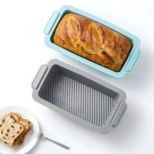 Romon Stampo Plumcake, 2 Stampi in Silicone per Dolci con Maniglie Antiscivolo, Teglia per Pane in Cassetta, Facile da Svuotare e Riporre, Resistente al Calore per Casalinghi, 28×12×6.5cm (Blu+Grigio)