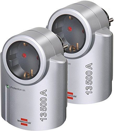 Brennenstuhl Primera-Line, Steckdosenadapter mit Überspannungsschutz (Adapter als Blitzschutz für Elektrogeräte) Farbe: silber/schwarz (2 Stück, Adapter Blitzschutz)