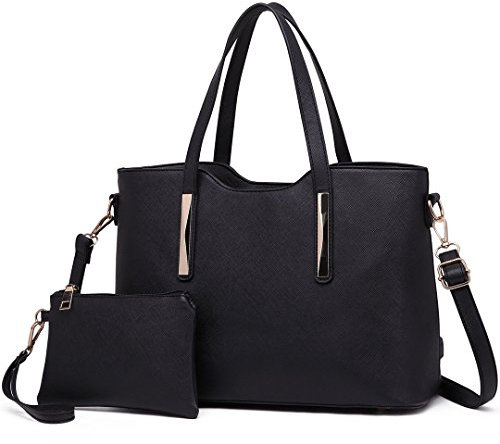 Miss Lulu Henkeltasche Damen Tasche 2 tIg. Shopper Reise Schultertasche,Schwarz