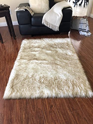 LAMBZY Faux Sheepskin Super Soft Hypoallergenic Rectangular Area Rug Fur, Luxury Shaggy Silky Plush Carpet for Bedrooms Living Room Kids Rooms Sofa Floor Rugs (3'x5',90x150 cm,White/Brown)
