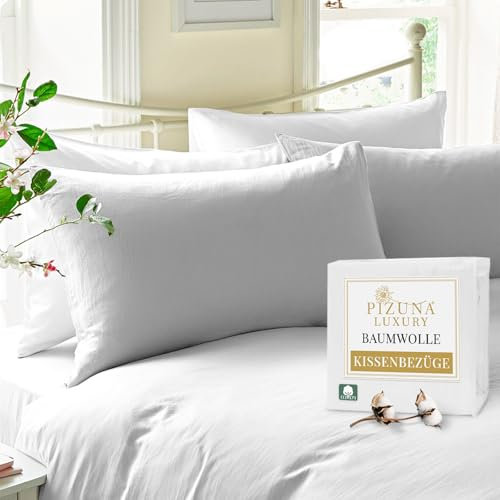 Pizuna Luxuriöser Soft-Satin 2er Pack Kissenbezug 40x80 cm Weiß, 800 Fadenzahl Baumwolle Quadratisch Kissenbezüge, 100% Langstapel Baumwolle Kissenbezug Weiß,40x80 cm