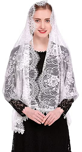 runrayay Pañuelo de Encaje Blanco, Pañuelo para la Cabeza Velo de Capilla Rectangular Spanis Velos Florales Mantón para Cubrir la Cabeza En Masa