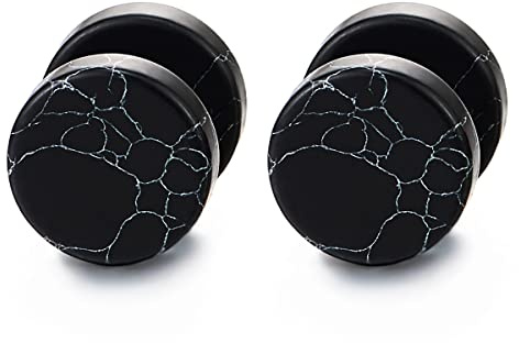 2pcs 10MM Black Marble Stud Earrings Men Women, Steel Cheater Fake Ear Plugs Gauges Illusion Tunnel