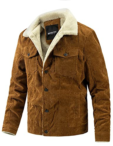 NJNJGO Veste de camionneur en velours côtelé avec col à revers et doublure Sherpa pour homme, marron, Medium