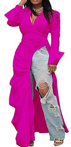 Women's Deep V Neck Ruched Long Sleeve Side Split High Low Irregular Hem Top Tunic Blouse Long Shirt Dress Large Rose