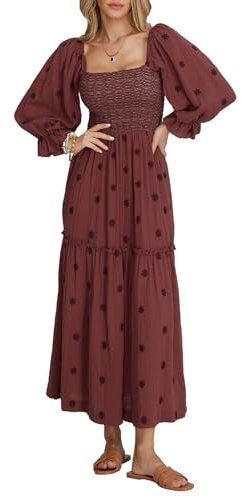 Felcia Women's Long Sleeve Maxi Dress Square Neck Flower Embroidered Backless Bohemian Flowy Dress Elegant Beach Long Dress (B-Brown, L)