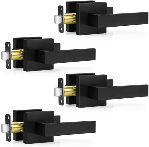 Plustool 4 Pack Black Door Handles Interior, Passage Door Levers for Hallway&Closet, Interior Closet Door Knobs Heavy Duty Square Non-Locking Handlesets(2.0lb), Reversible for Left&Right Sided Doors
