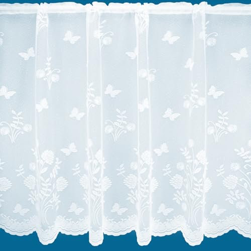 Country Garden Butterfly Floral Trailing Leaf Pattern Net Curtains In White - Sold By The Metre (Drop: 91cm (36))