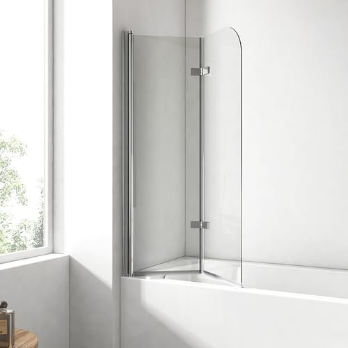 EMKE Mampara de ducha para bañera de 100 x 140 cm, accesorio de 2 piezas, plegable, mampara de ducha para bañera, pared plegable de 6 mm, cristal de seguridad, mampara de ducha
