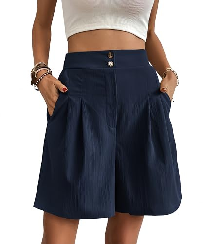Belriviere Bermuda estivi da donna, pantaloni larghi a gamba larga, casual, a vita alta, alla moda, con tasche, blu navy, XL