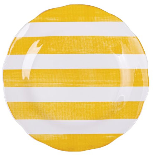 Set 6 Piatto frutta in porcellana, bordo smerlato decoro righe, giallo, Versilia