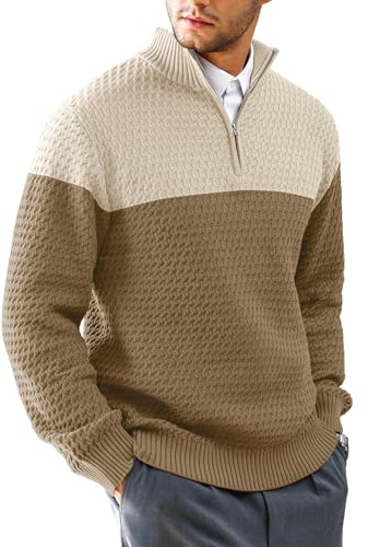 Zaitun Men's Quarter Zip Knitted Jumper, Mock Neck Long Sleeve Casual Pullover Top Warm Comfortable Slim Fit Winter Sweater for Men Khaki and Camel 5XL