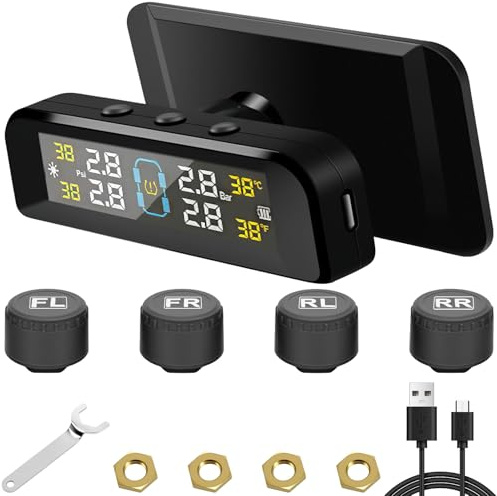 LbsAMP Système de Surveillance de la Pression des Pneus TPMS avec 4 Capteur Pression Pneu 0-6 Bar Charge Solaire et USB Surveillance en Temps Réel avec Alarme pour Voiture Camping-Cars Remorques