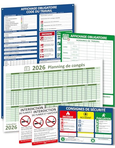 Affichage Obligatoire Entreprise 2026 Panneaux PVC Résistants avec Fixations Incluses – Horaires de Travail, Consignes de Sécurité, Code du Travail, Planning des Congés