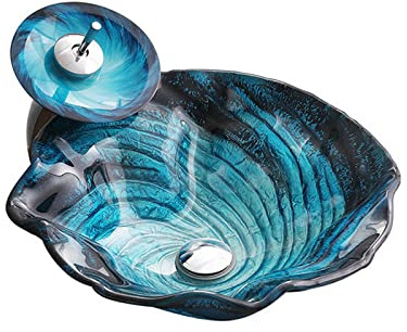 Lavandino da appoggio per Bagno, Nero Blu, in Vetro temperato Vortex, Installazione su Piano, lavandini per Mobile da Bagno, lavabo Artistico con Rubinetto a Cascata in Ottone, Cromato Pop U