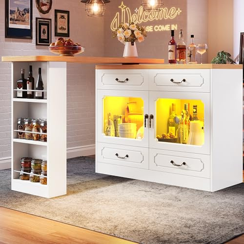 Merax Ausziehbarer Bartisch,Stauraum,LED-Beleuchtung (135–203cm), 360° Drehbarer Hochtisch Kücheninsel mit USB-Anschluss, Weiß Esstisch mit Schubladen für Wohnzimmer, Esszimmer, Küche